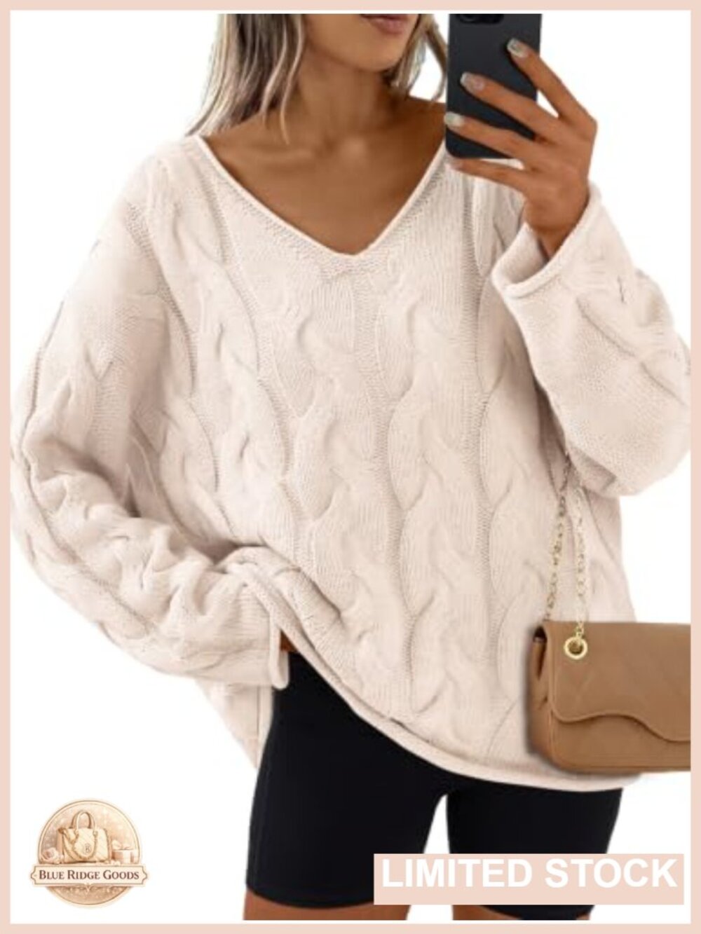 Oversized V Neck Cable Knit Chunky Sweater Cotton Blend Cozy Pullover